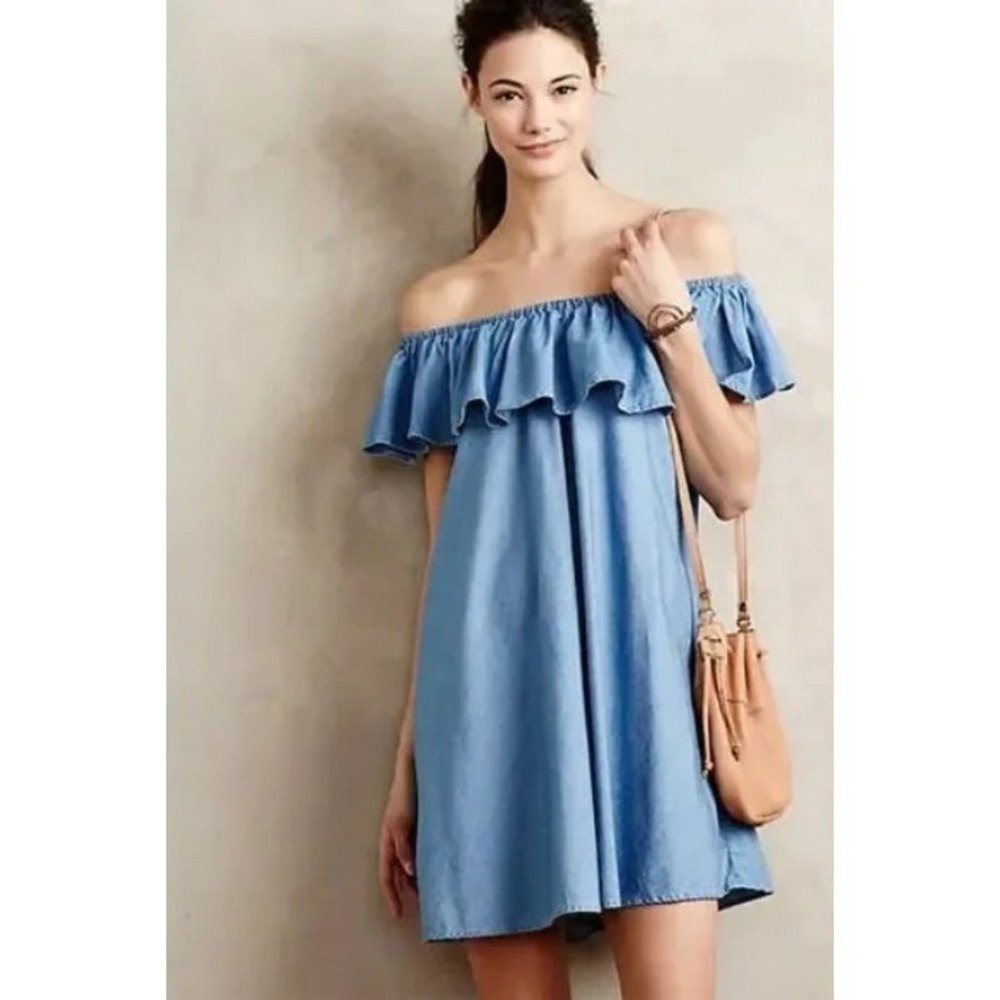 Rebecca Minkoff Chambray Denim Off Shoulder Ruffle Tunic‎ Dress Pockets Neckline